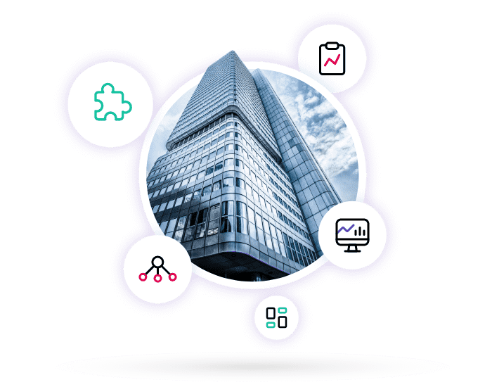 Corporate office building and connection icons to represent the integrations in Lucidity strategy software suitable for enterprise customers
